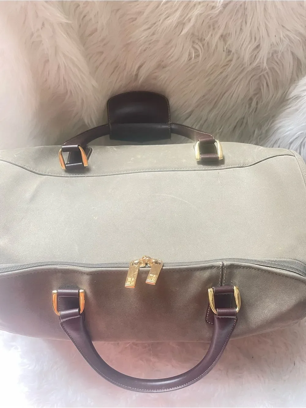 Diane Von Furstenberg  olive Green Fabric canvas duffel bag brown leather straps